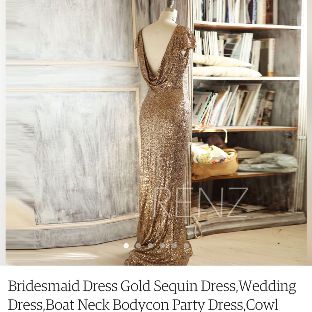 Gold sequin bridesmaid dress.